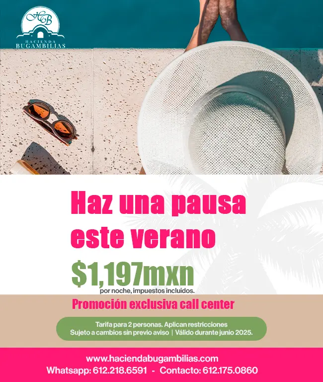 Oferta especial de verano, Hospedaje Hotel Hacienda Bugambilias, Hotel en La Paz, Baja California Sur