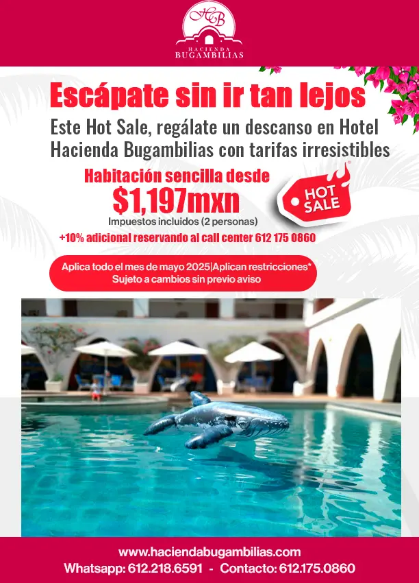 Oferta Especial Hospedaje Hotel en La Paz, BCS, Hotel Hacienda Bugambilias