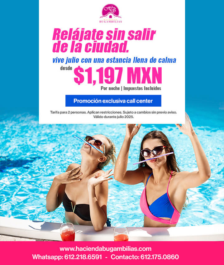 Oferta especial de verano, Hospedaje Hotel Hacienda Bugambilias, Hotel en La Paz, Baja California Sur